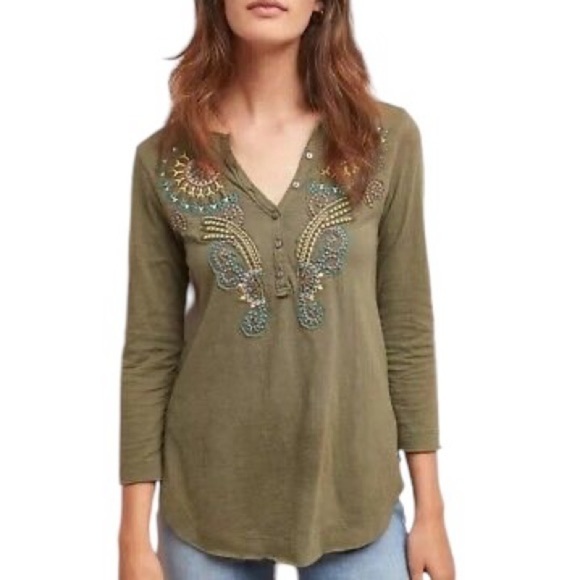 AKEMI + KIN Anthropologie Embroidered Popover Henley Boho Buttoned Shirt - Picture 1 of 12